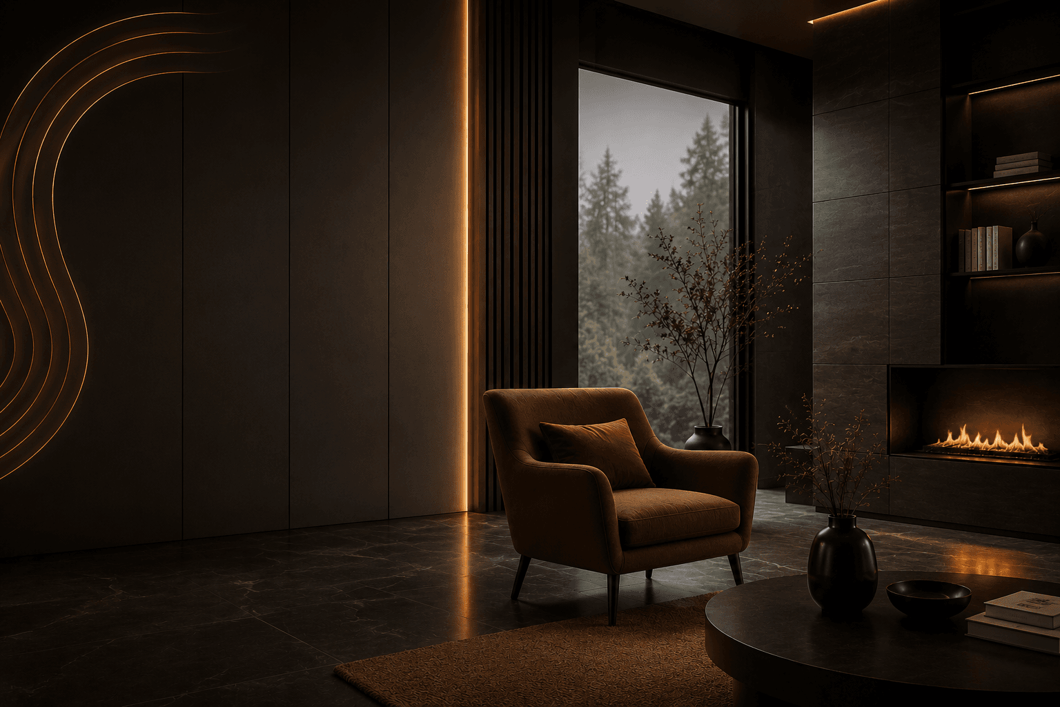 Warm, softly lit living room with heated wooden flooring