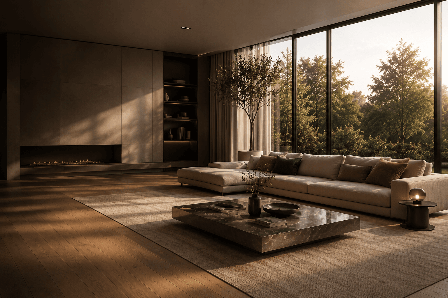 Warm, softly lit luxury living room with a fireplace and mountain view, radiant floor heating