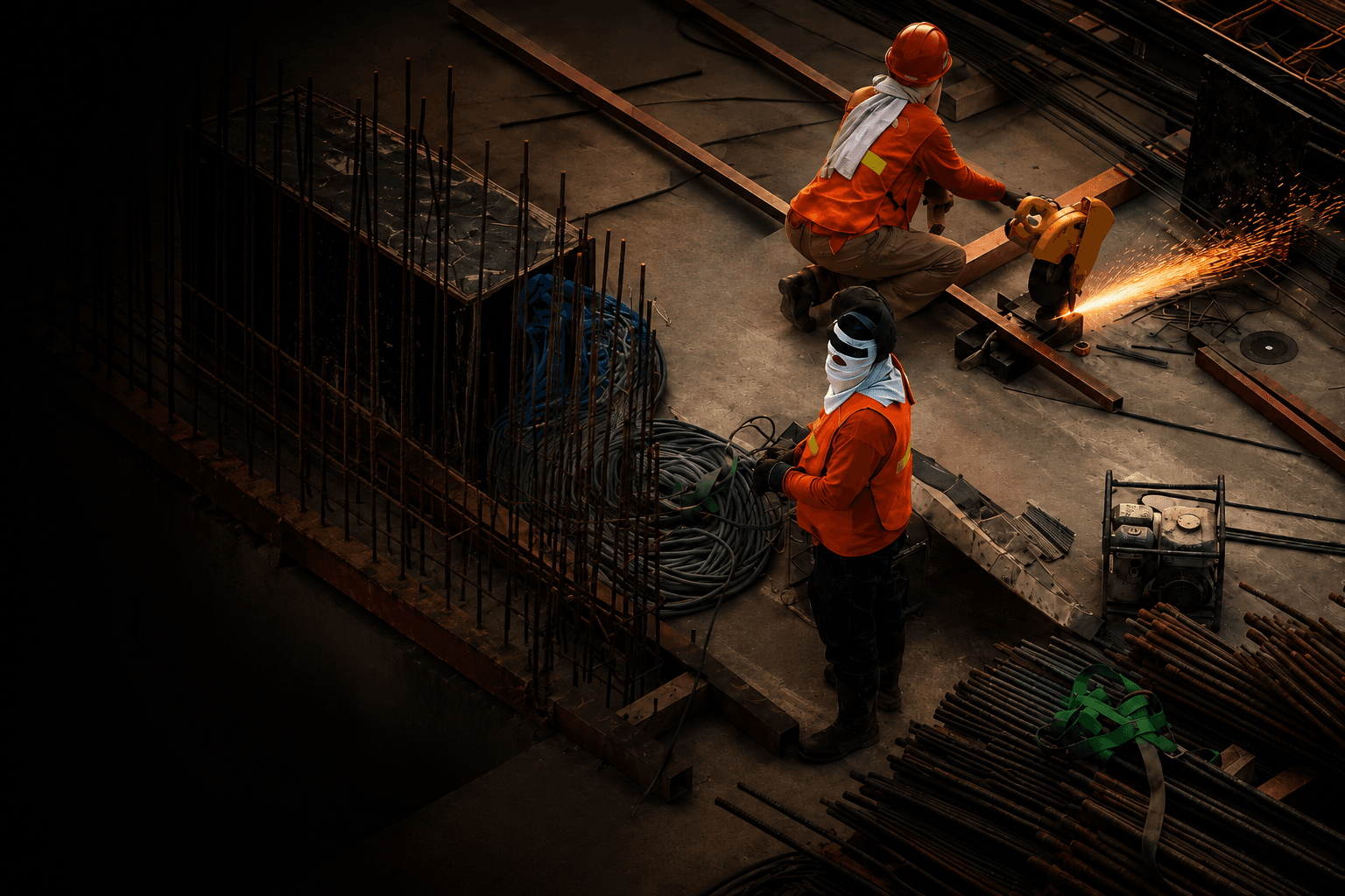 Installers cutting reinforcement steel on a construction site, preparing for underfloor heating installation